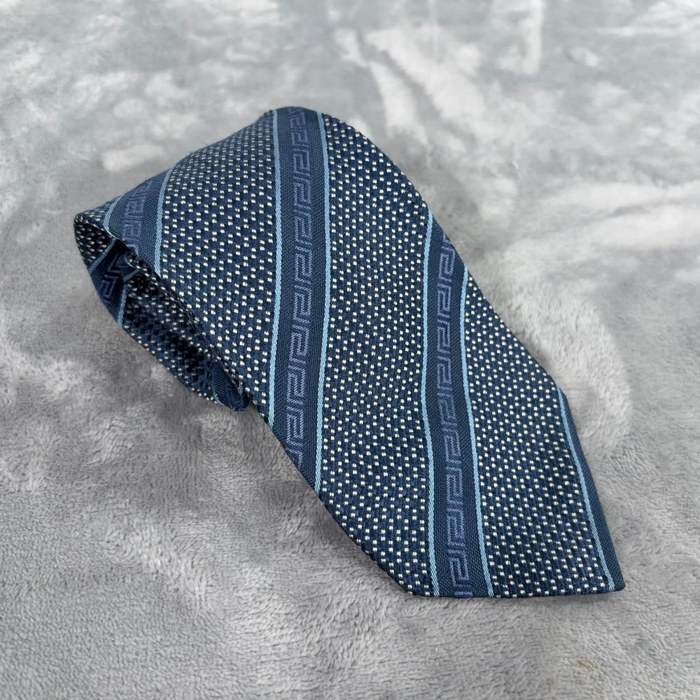 Versace Silk Tie Navy Blue Greca Greek Key Striped Dot Italy